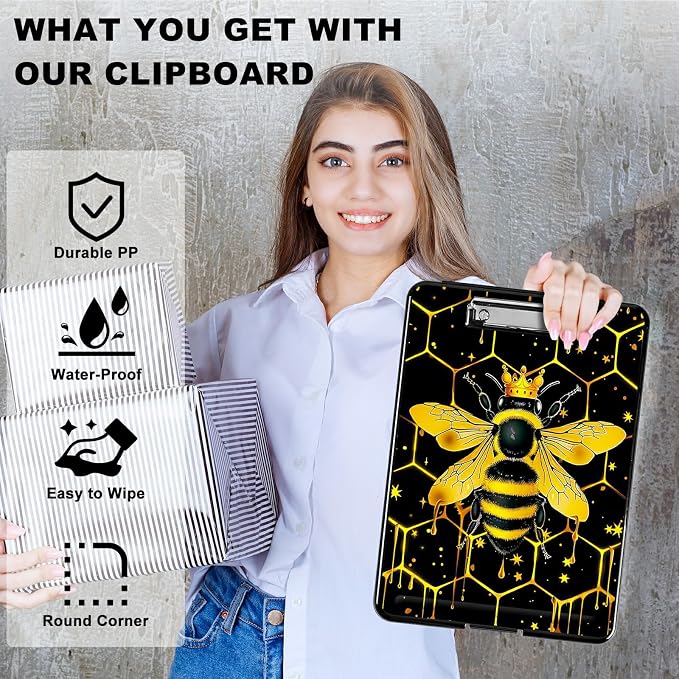 Bee Black Background A4 Clipboard with Storage Pen Holder, Clipboards Organizer Nursing Clipboard Foldable File Folder Plastic Clipboard Folio Clip Board for Office Students Classroom