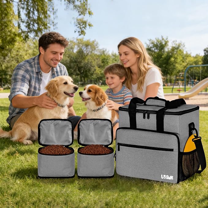 Dog Travel Bag, Large Pet Travel Set with Multi-Function Pockets | 2 Food Storage Containers, 2 Collapsible Bowls, 1 Feeding Mat for Pet Supplies, Road Trip Essentials, Weekend Camping, Grey