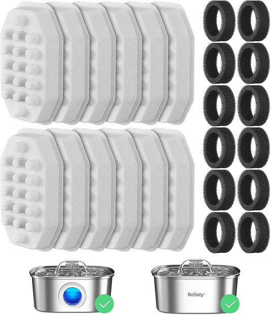 Rellaty Official Cat Fountain Filters Replacement： Pre-Filter Sponges for 3.2L/108oz Automatic Pet Water Fountain - Includes 12 Sponge Filters & 12 Carbon Filters