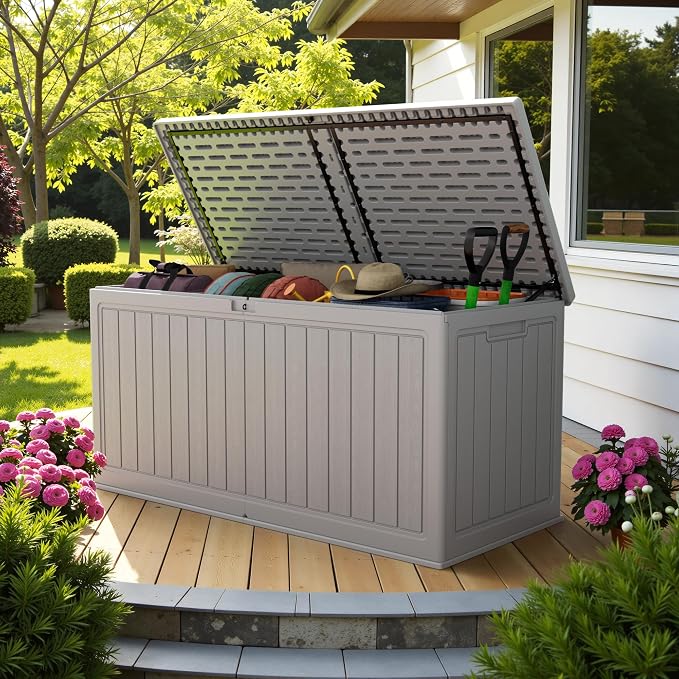 Devoko HDPE 260 Gallon Deck Box Double-Wall with Divider | Large Outdoor Storage Box Side Handles, Waterproof and Lockable for Patio Furniture, Garden, Pool
