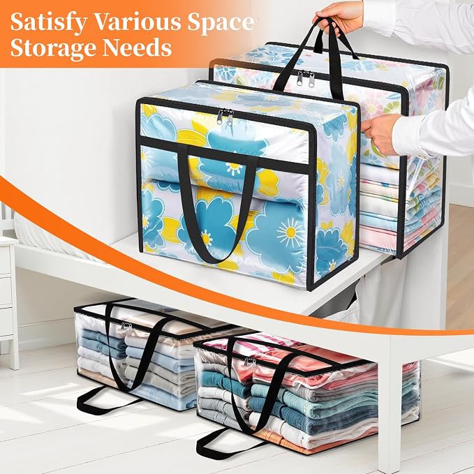 SpaceTrove Clear Storage Bags, 8-Pack Under Bed and Closet Organizers 60L | Clear PVC bags with zippers and handles, foldable waterproof moving bags store comforters, blankets, bedding, clothes and toy