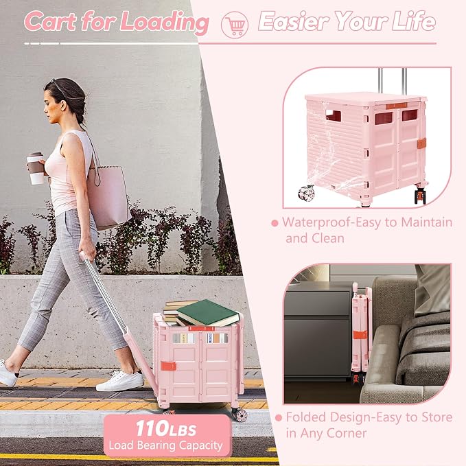FELICON SELORSS Folding Utility Cart Portable Rolling Crate Handcart-Pink | Adjustable Handle+Extended Magnetic Lid,Storage Basket Box,4 Swivel Wheels Tote for Teacher Move Shop Travel Grocery Office