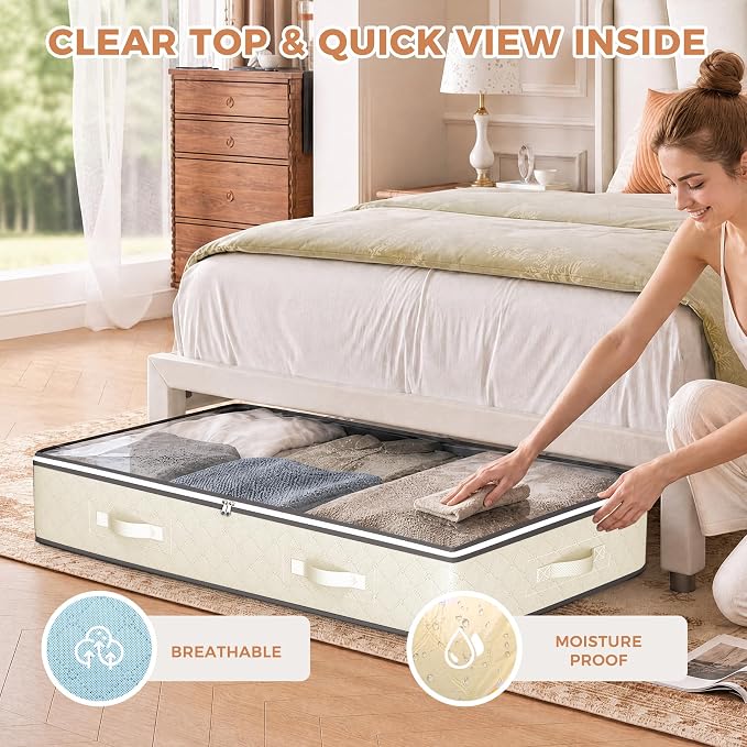 4 Pack Under Bed Storage Containers with Clear Lids, Beige | Underbed Storage Bags for Blankets, Towels, Comforter, Sweaters, Linen Sheets, Wrapping Paper