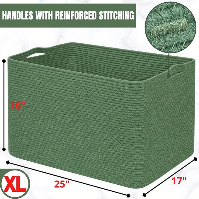 112L Extra Large Blanket Basket Holder Living Room, 25"x17"x16" Rectangle Rope Woven Storage Basket with Handles for Laundry, Towels, Shoes, Dog Toy Organizer Bin Box, Green