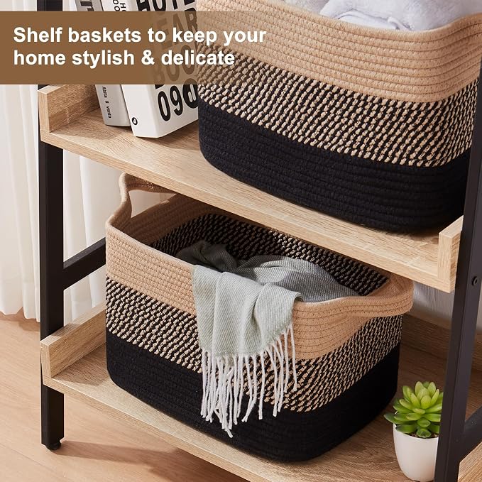 OIASKET Storage Basket for Organizing, Woven Baskets for Storage, Rectangle Decorative Baskets for Shleves, Closet, Toys, Books, Nursery Organizer Bins - Pack of 3 (Black & Brown, 15.75"x11.8"x9.85")