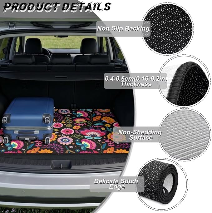 Colorful Floral Print Non Slip Car Trunk Mat, Universal All Weather Cargo Liner 29" x 39", Durable Washable Pet Friendly Rear Trunk Protection Mats