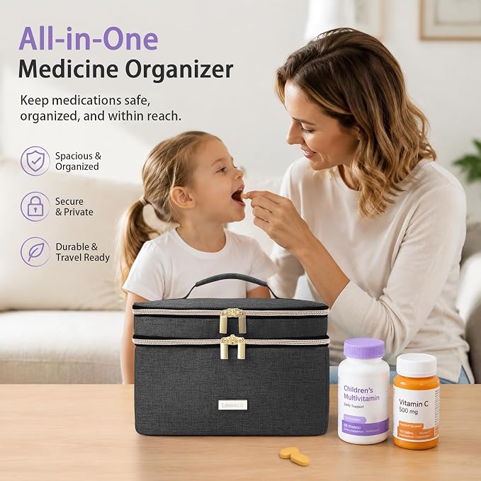Lexeeco Travel Medicine Pill Bottle Organizer Bag with Portable Small Pouch | Medication Case with Lockable Zipper for Pill,Vitamin,Medicine Storage Box for College Dorm Student,Home,First Aid Bag Empty