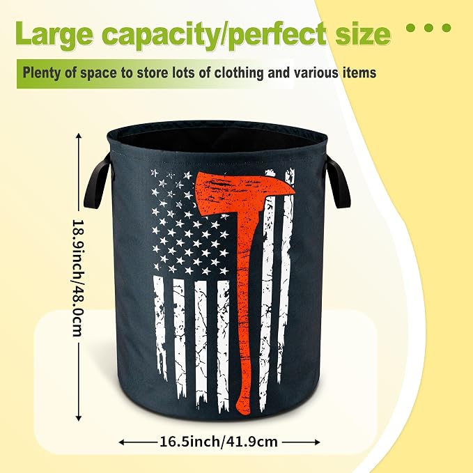 American Flag Red Line Ax Laundry Basket Foldable Waterproof 18.9x16.5 Inch | Oxford Cloth Hamper With Reinforced Handles Lining Large-Capacity Storage For Bathrooms/Laundry Rooms/ Living Rooms/Bedrooms