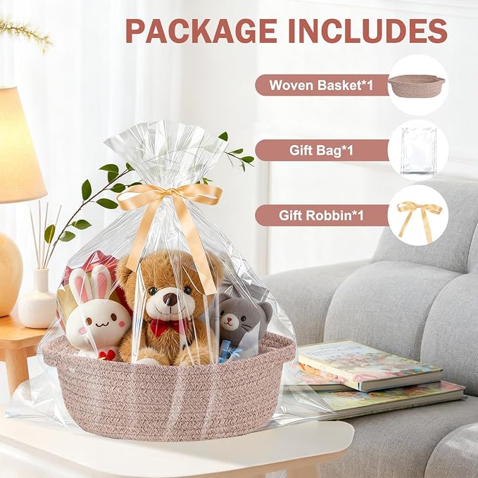 Basket for Gifts Empty, Small Woven Basket with Bags and Ribbons, Baby Toy Baskets with Handles, Wicker Storage Bin for Baby Showers or Pet Toy (Brown, 1 Pack (12"x 8"x 3.74"))