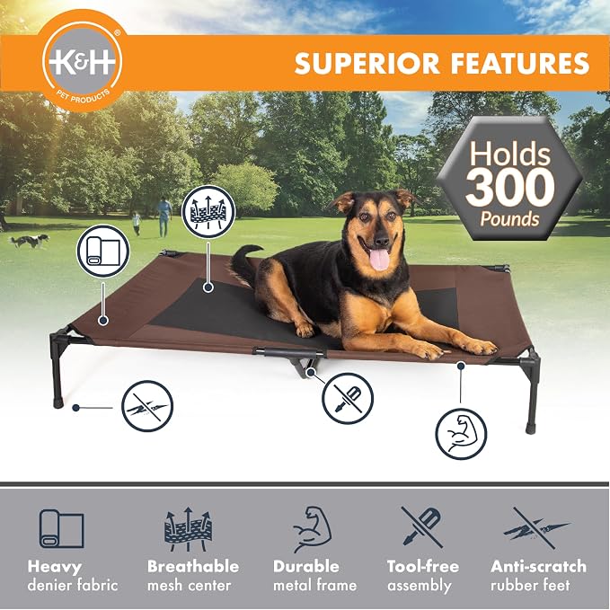 K&H Outdoor Elevated Dog Bed, Cooling Raised Dog Bed, Chocolate, Jumbo | Pet Cot for Extra-Large & Giant Pets, Breathable Mesh Center Hammock Design, Indoor/Outdoor Washable Cover, 56x38in