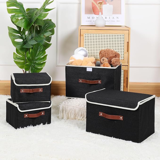 ANMINY Fabric Storage Box Bins with Lids, Black, 15"x10"x10", 4 Pack | Keepsake Memory Storage, Cotton Linen, PP Board Reinforced, Washable, PU Handles, Foldable & Stackable, Decorative, Large