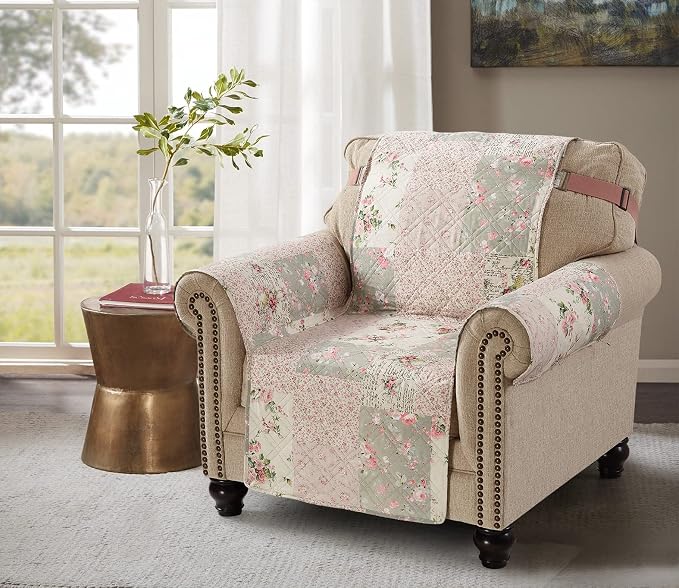 Brilliant Sunshine Soft Pink Roses & Sages Couch Armchair Cover, 23" seat | Quilted Sofa Cover, Living Room & Bedroom Furniture Protector, Washable Chair Slipcover for Pets, Dogs & Cats