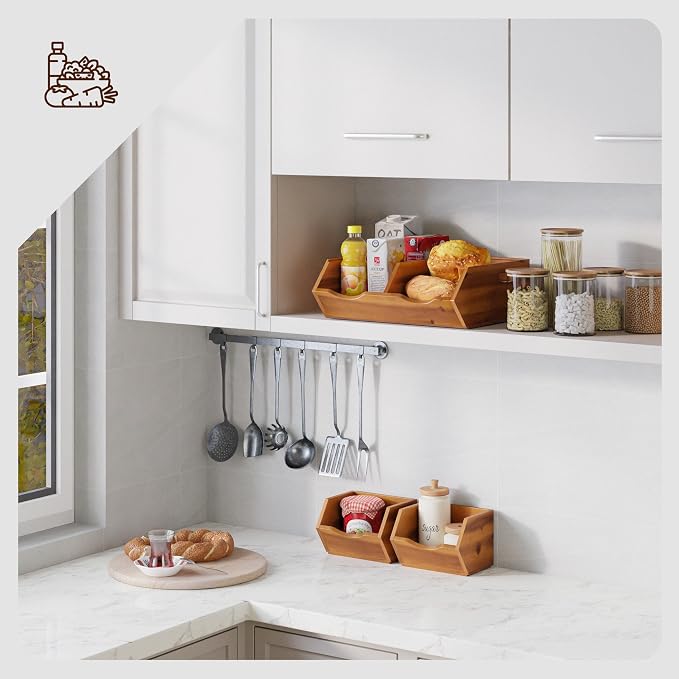 Tidita Potato & Onion Storage Bin, Stackable Pantry Bins (Patent Pending) | Acacia Wood, No Assembly, 3 Stackable Bins, Integrated Handles, 50LBS Capacity, Non-Skid Pads, Multi-Use, Acacia Wood Color