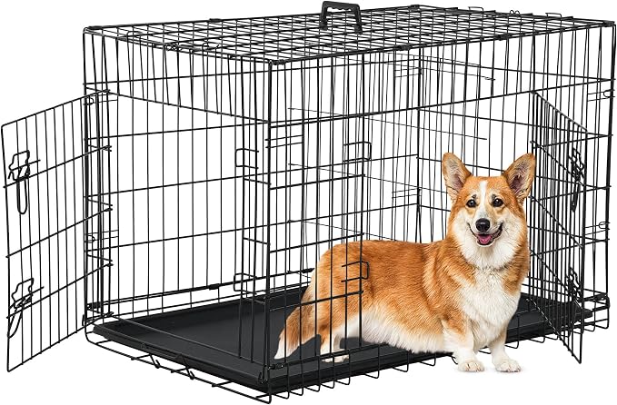 36'' Foldable Metal Wire Dog Crate Double Door, Folding Portable Dog Cage Double Lock, Collapsible Intermediate Dog Crate w/Leak-Proof Pan/Divider/Handle, Dog Kennel for Intermediate Dogs Indoor