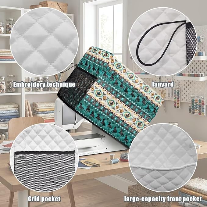 Sewing Machine Cover Polyester Febric Aztec Western Horse Print | Dust Pet Hair Protection,Quilting Design,Fits Standard Singer,Brother Janome Machines,Protecting Decorating Your Sewing Space