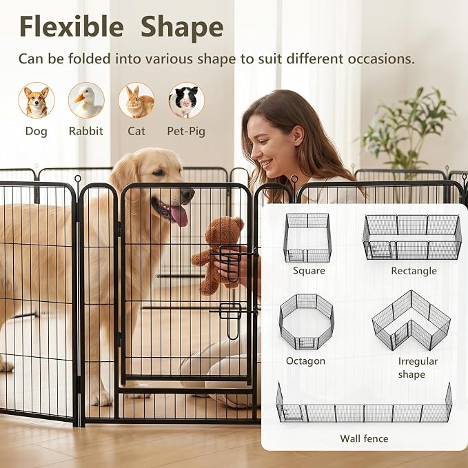 Metal Dog Playpen - 32" Height 8 Panels Foldable Exercise Pen for Dogs Indoor/Outdoor Pen with Door for Pet Animals Portable Pet Playpen Polygon Dog Enclosure (Black)