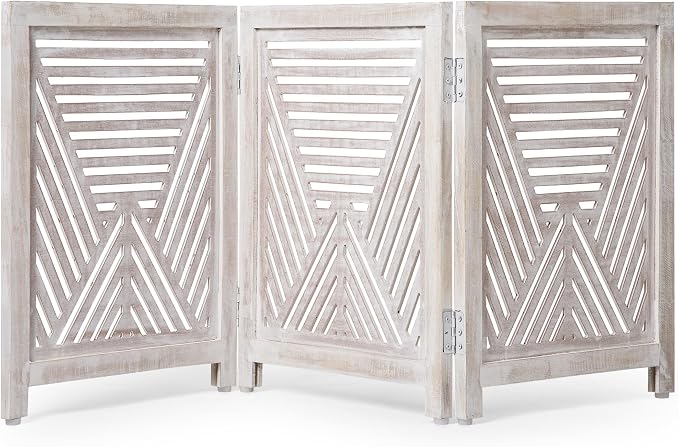 Lightnpro 3-Panel Carved Wooden Dog Gate – 54 Inch Foldable Freestanding Pet Barrier, White Wash Indoor Safety Fence for Small Dogs & Puppies – 24x18 Inch Panels
