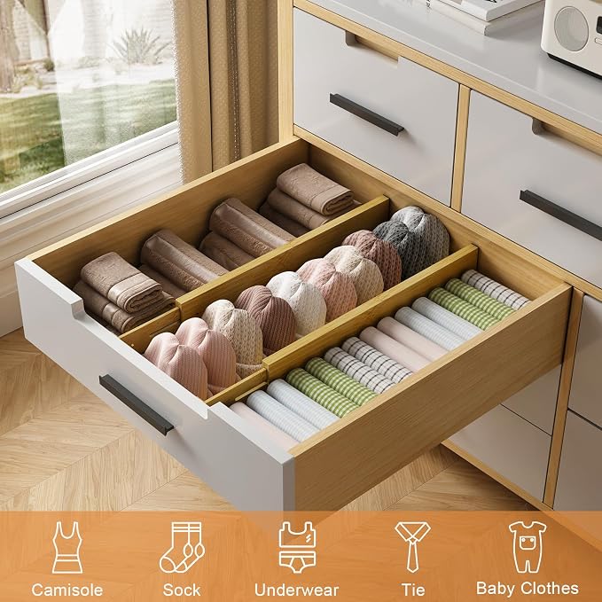 Bamboo Drawer Dividers, Adjustable Drawer Organizers, Fits 17.6–21" Drawers | 2.5" High, 6 Pack Expandable Drawer Separators for Kitchen, Nursery, Dressers & Office Storage, Natural