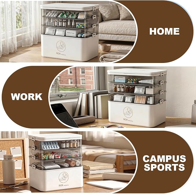 4-Tier Medicine Storage Organizer with Portable Pill Case, Portable First Aid Box with Removable Layers, Clear Medical Storage Box for Medicines, Vitamins & Emergency Supplies