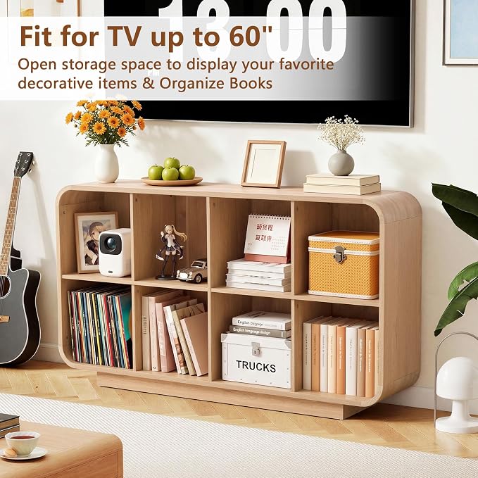 Cube Storage Organizer with Base, 8 Cube 2-Tier Bookcase, Wooden Floor Standing Storage Shelf with Rounded Corners, Anti-Tip Kit, Low Lattice Organizer for Home Office Living Room, Natural