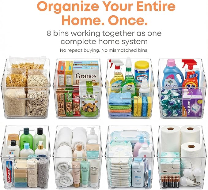 MOONEDGE 8 Pack Clear Plastic Storage Bins 12x8x6in Pantry Organizer | Large Pantry Storage Bins, Cabinet Containers for Under-Sink Storage, Kitchen, Fridge, Bathroom and Home Organization
