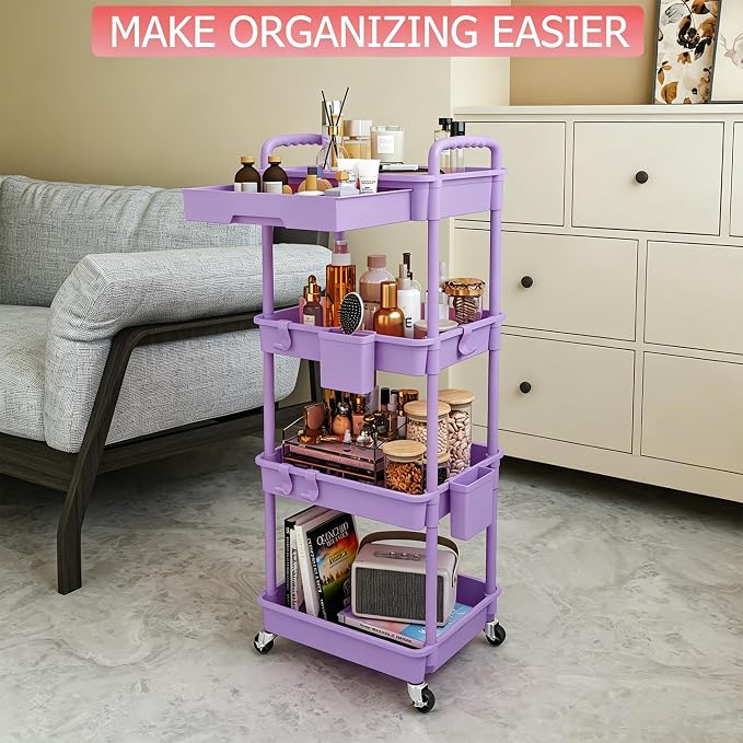 REBECAT 4 Tier Rolling Cart with Drawer, Utility Storage Cart on Wheels for Kitchen, Bathroom, Living Room,Office(Purple)