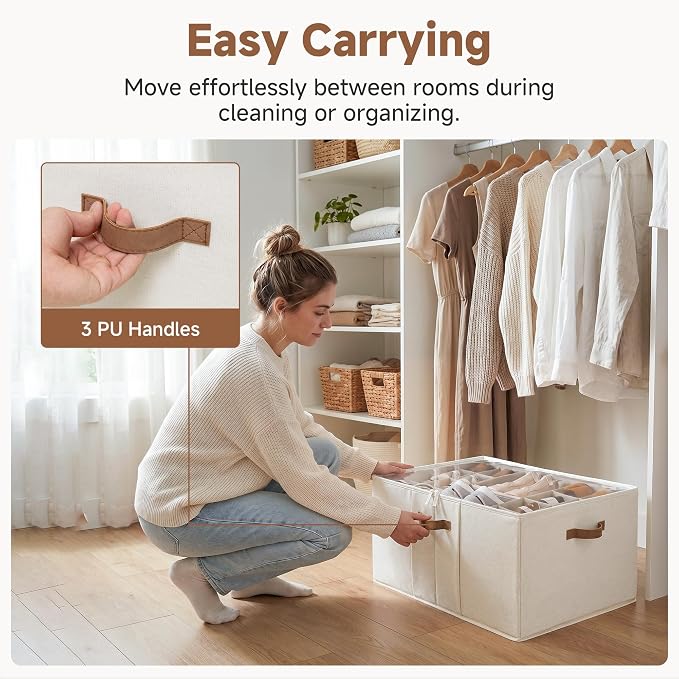 StorageWorks 24-Pair Large Closet Shoe Organizer, Adjustable Divider, Beige | Holds up to 24 Pairs, Foldable, Clear Lid, Reinforced Handles, Fits Sneakers, Boots & Heels, For Living Room, Bedroom