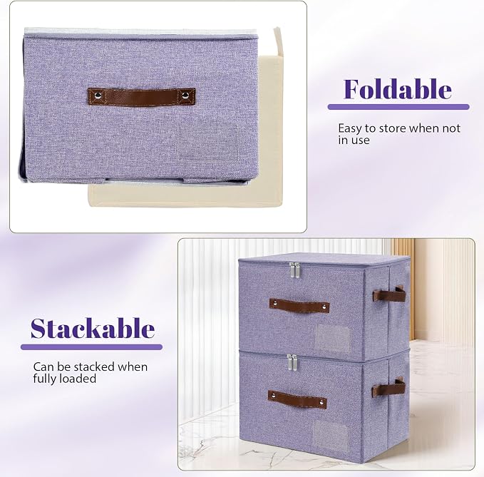 ANMINY Small Storage Box Fabric Bins with Zipper Lid, 10"x8"x7" Purple 3PCS | Keepsake Box, Decorative, Cotton Linen, Reinforced PP Board Frame, Washable, Stackable & Foldable, Label Holder & PU Handles