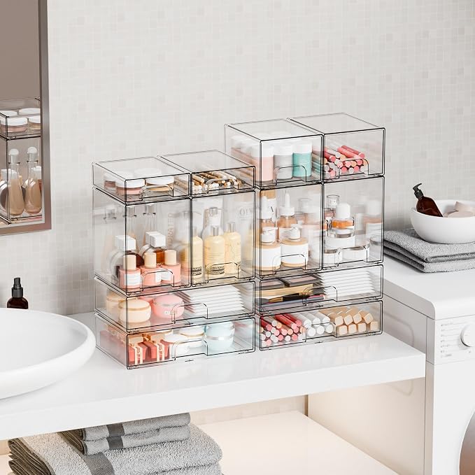 Yieach 7.5" High Stackable Storage Bins,2 Pack Bottle Station and Baby Bottle Storage Organizer for Countertop,Clear Acrylic Drawers for Pacifier,Breast Pump Parts,Storage Containers,Makeup and Lotion