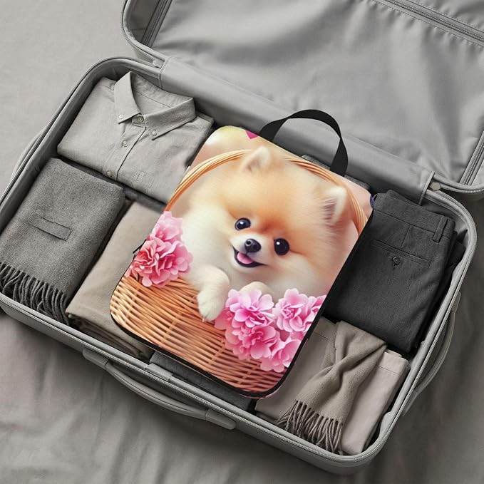 Adorable Pomeranian & Pink Flower Basket Compression Packing Cubes Set Of 4, Lightweight Expandable Travel Organizer Bags With Double Zipper For Vacation Business