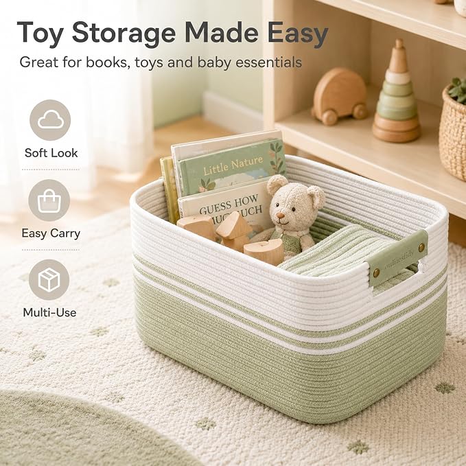 12.8GAL Small Cute laundry basket for nursery, Boho Square storage basket for Living Room Decor, Kids Girls Boys Toys Stuffed Animal Decorative Short Hamper for Dirty Clothes, Bath Towel White Green