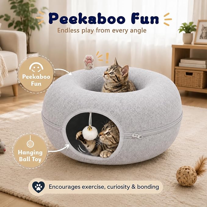 Felt Cat Tunnel for Large Indoor Cats, 24" x 24" x 12" Peekaboo Cave Bed | Light Grey 24" x 24" x 12" sturdy 1300g felt cave with 7" entrance, rear peek hole, large zipper and hanging ball.