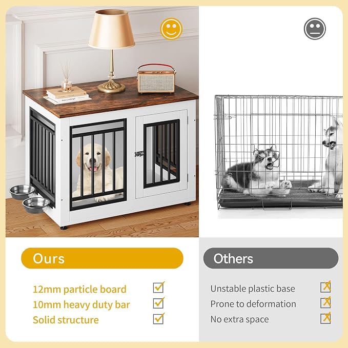 DWVO 28 Inch Dog Crate Furniture with Adjustable Feet & Removable Bowls | Dog Kennel Indoor Furniture End Table for Dogs, Modern Decorative Wooden Cage, Chew-Resistant, White