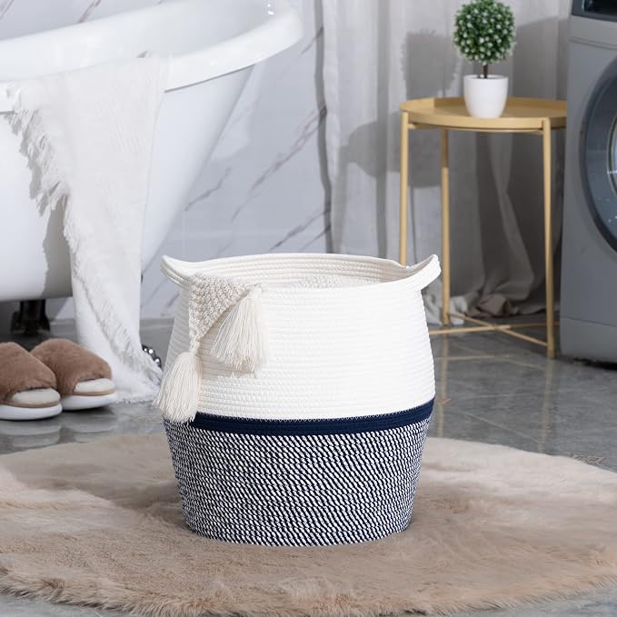 KAKAMAY Woven Baskets for Storage(17"x17"),Large Cotton Rope Basket Woven Baby Laundry Hamper,Collapsible Laundry Basket, Blanket Basket for Living Room,Nursery,Clothes, Toy chest(Navy Blue)
