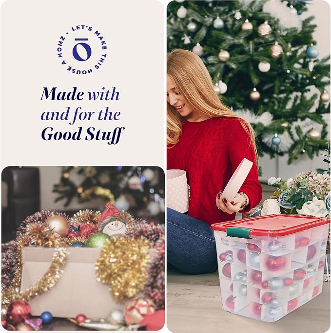 HOMZ 2-Pack Holiday Tote, Clear Plastic Storage Bins w/Lids & Dividers, 112 Quart, Red - Stackable Organizing Containers for Christmas Ornament Decorations, Gift Wraps, and Crafts