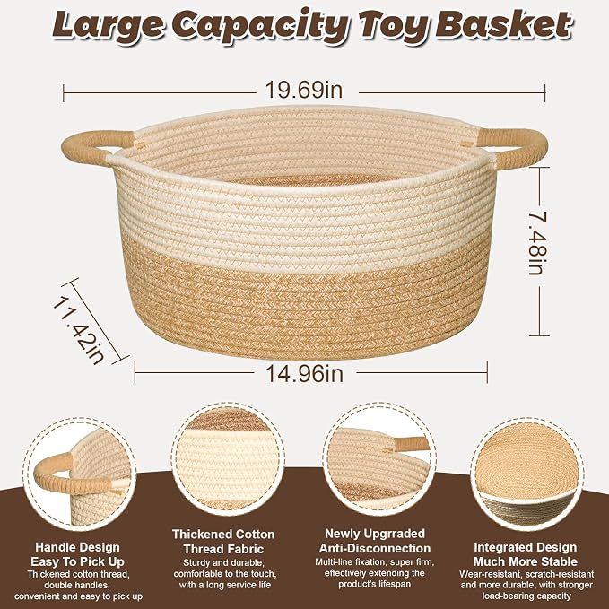 Woven Basket for Toys, Blankets & Gifts Empty ,Cotton Rope Storage Basket with Reinforced Handles for Nursery,Livingroom,Bedroom,Bathroom & Home Decor,19.69" x 11.42" x 7.48" (M)