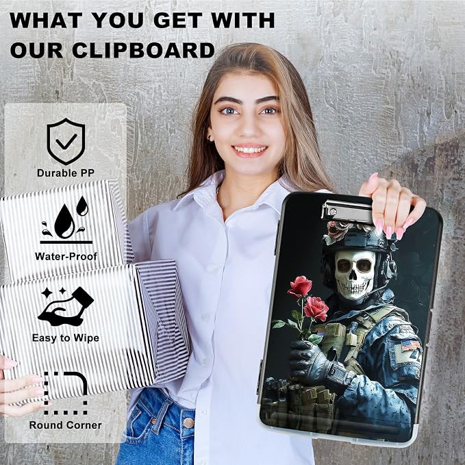 A4 Clipboard with Storage Pen Holder, Clipboards Organizer Nursing Clipboard Foldable File Folder Plastic Clipboard Folio Clip Board for Office Work Classroom Doctor, Skull Man Flower