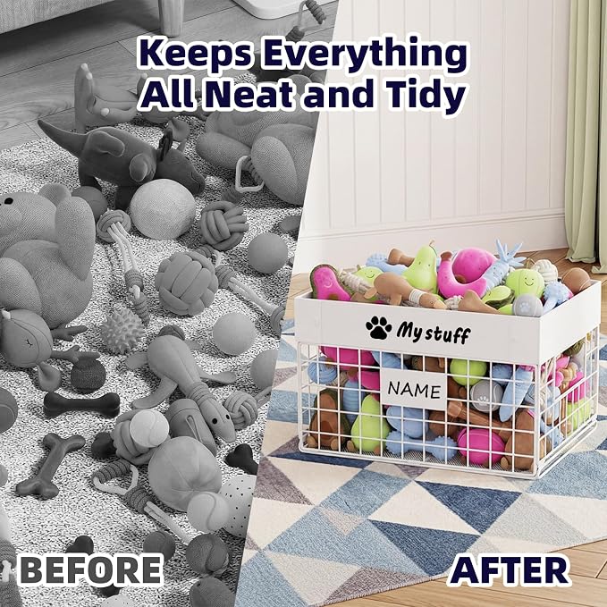 Kaiferty Indestructible X-Large Dog Toy basket, Chew-Proof Medium Toy Bin, Pet Toy Bin Dog Metal Basket for Toys, Puppy Toy Storage Organizer Blankets, Toy Box for Living Room Area (White)