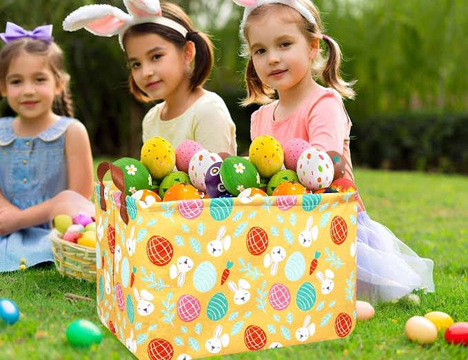Large Rectangular Easter Baskets Empty Waterproof Boy Toy Box Foldable Kid's Gifts Storage Bin Spring Room Decor(Yellow Leaf Rabbit Egg)