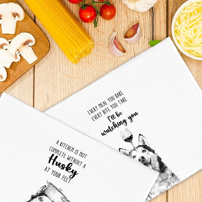 Funny Dog Husky Kitchen Towels Set of 2, Cute Dish Towel Gifts for Dog Lovers Mom Christmas, Every Meal You Bake Hand Towels Decor for Bathroom, Rustic Tea Bar Towel for Dining Room 16x24in