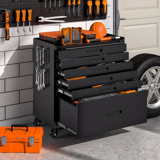 Garage Storage Cabinet,6 Drawer Metal Rolling Tool Cabinet with 2 Pegboard and 10 Hook,Heavy Duty Mechanics Tool Chest Storage for Workshop, Basement,Warehouse,Include Workbench Liner,Black