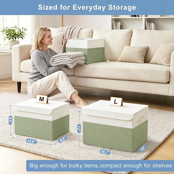 Large 22 Quart Linen Fabric Foldable Storage Bin Cube Organizer Basket with Flip-Top Lid & Handles, Clothes Blanket Box for Home, Office, Closet, Green & White, 4 Pack 14.6 x 9.5 x 9.5