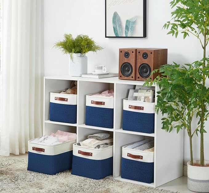 DECOMOMO Storage Bins, Large Fabric Storage Baskets for Shelves 3 Pack | 15 x 11 x 9.5 inches Decorative Linen Closet Organizers (Navy Blue & White)