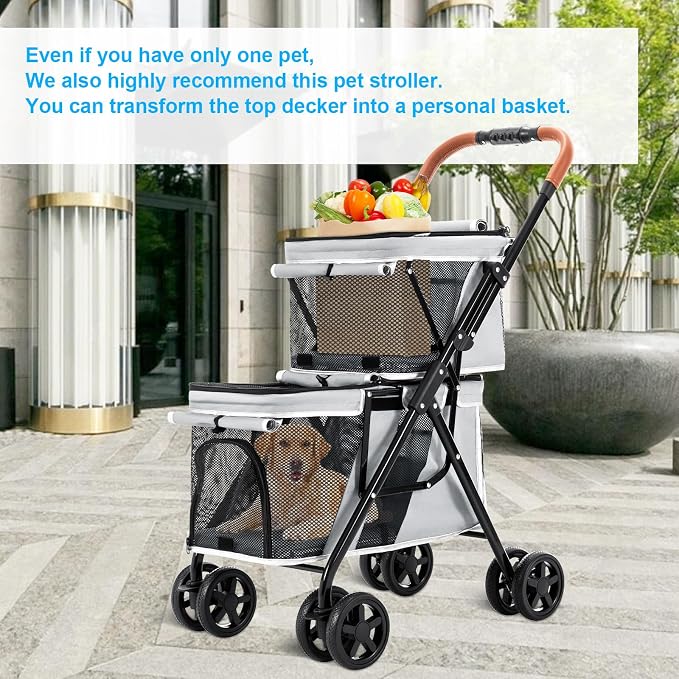 Double Pet Stroller for 2 Dogs & Cats, Double-Decker, Gray | One-Hand Fold Two-Tier Stroller with Separate Cabins, 44 lb Capacity, 4 Tethers, Locking Front Wheels and Rear Brakes