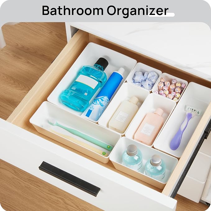 Vtopmart 44 PCS Plastic Drawer Organizer Set, Vanity Organizer Trays, White | 4-Size Versatile Makeup Organizer, Non-Slip Storage Containers for Makeup, Jewelries, Bedroom，Kitchen Utensils and Office