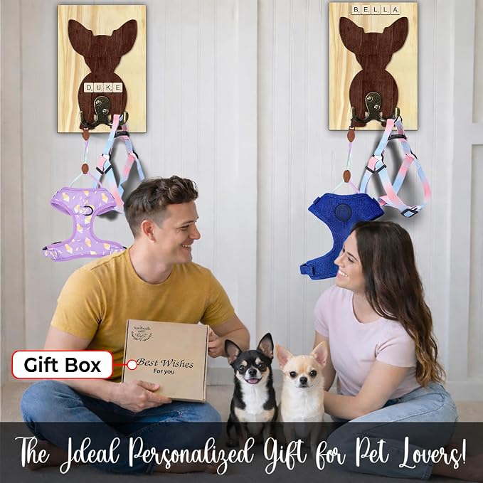 Chihuahua Dog Leash Holder Wall Mount with Scrabble Letters, Wooden Dog Wall Hook Organizer, Pet Collar and Harness Holder for Entryway, Key Hook and Leash Rack, Pet Lovers Gift Home Decor PF297-25