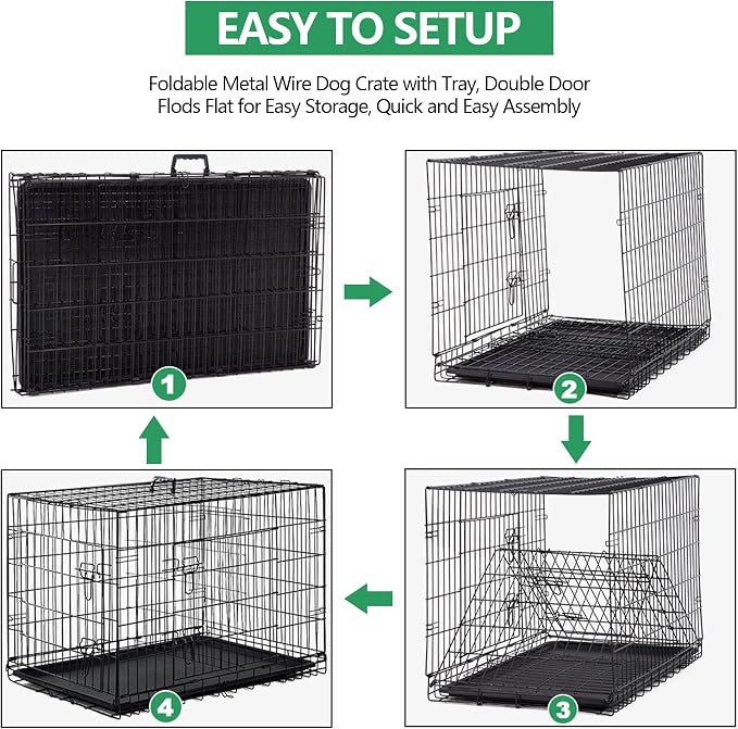 48'' Foldable Metal Wire Dog Crate Double Door, Folding Portable Cage, Collapsible Heavy Duty Extra-Large w/ Leak-Proof Pan/Divider/Handle, Kennel for Dogs Indoor