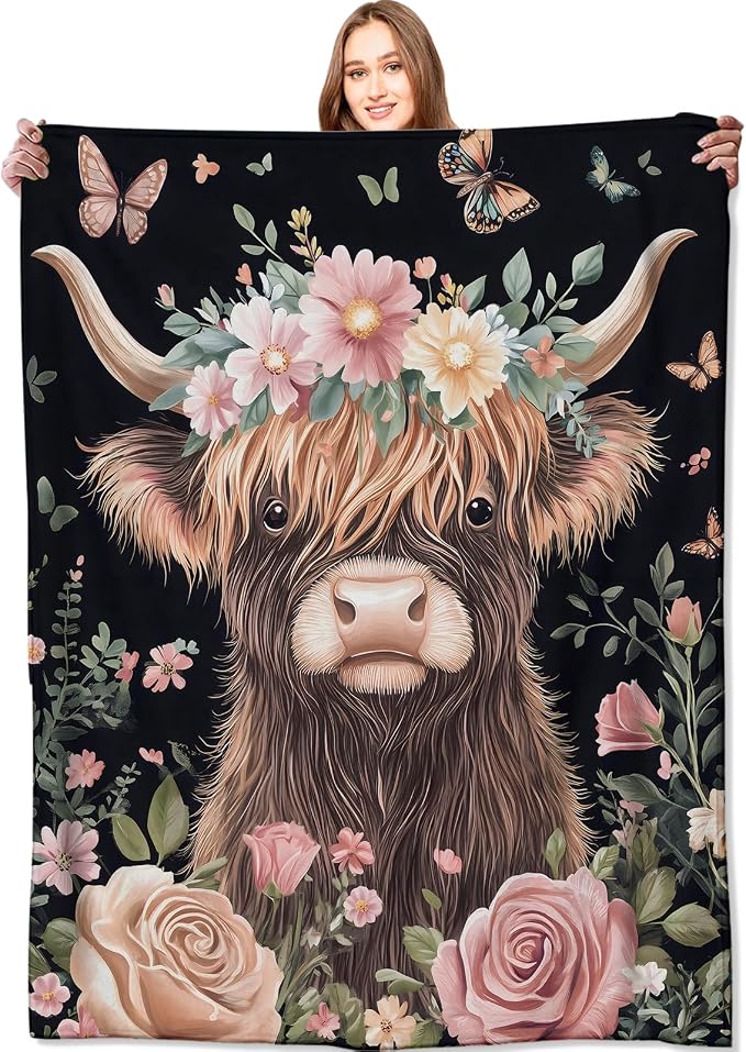 Highland Cow Blanket Cute Cattle with Floral Crown Throw Blankets,Gifts for Kids Adult Women Men,Lightweight Soft Fleece,Nature Lovers,Sofa Couch Bed Room Modern Rustic Decor 40x50in