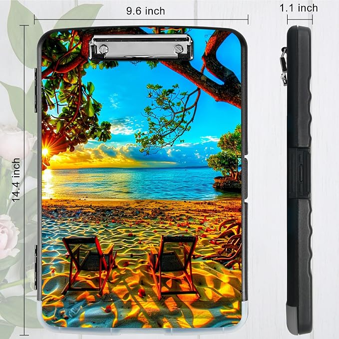 Beach Sunset A4 Clipboard with Storage Pen Holder, Clipboards Organizer Nursing Clipboard Foldable File Folder Plastic Clipboard Folio Clip Board for Office Students Classroom Doctor