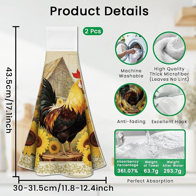 CUTHOLLOW Rooster and Sunflower Hanging Kitchen Towels with Loop, Set of 2 - Soft & Super Absorbent Microfiber Decorative Hanging Dish & Hand Towel, Tea, Coffee Towel for Kitchen Bathroom Oven Handle